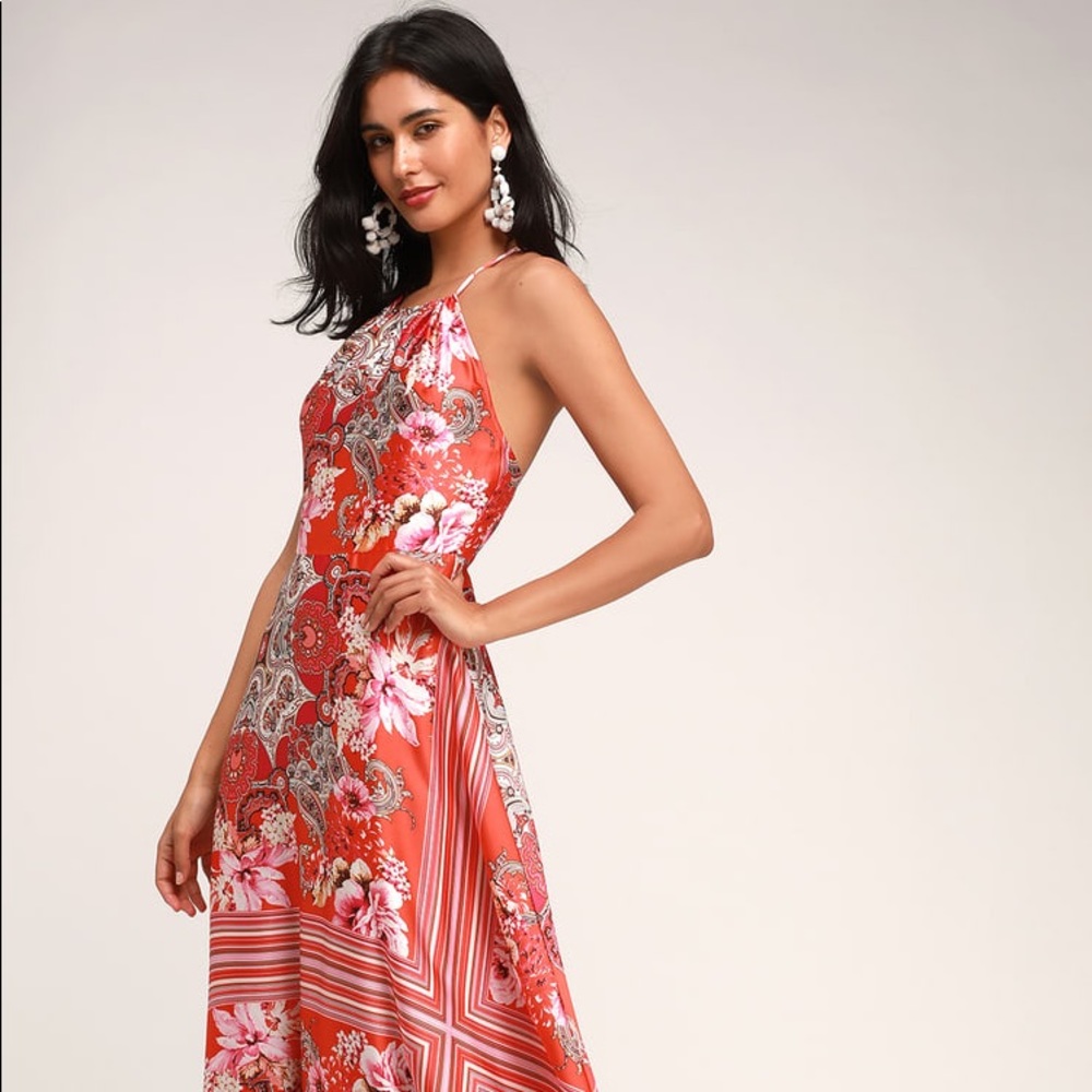 Whirlwind Red Multi Scarf Print Satin Maxi Dress